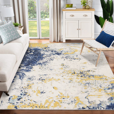 Machine Washable Area Rugs 4x6 Modern Abstract Accent Rugs Non-Slip Backing Stain-Resistant Throw Rugs Yellow Blue