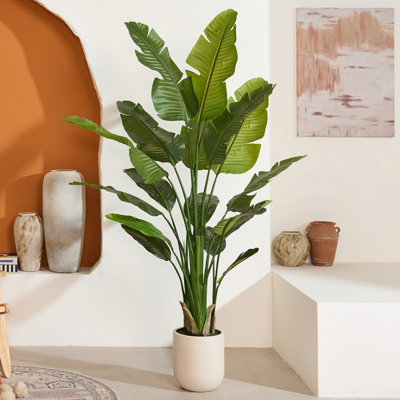 Arbre de paradis artificiel 6 pi avec jardinière blanche, fausse plante tropicale Larget, fausse feuille de bananier - feuilles en polyéthylène pleine fleur, pot de fleurs beige - plante d'intérieur pour le bureau du salon