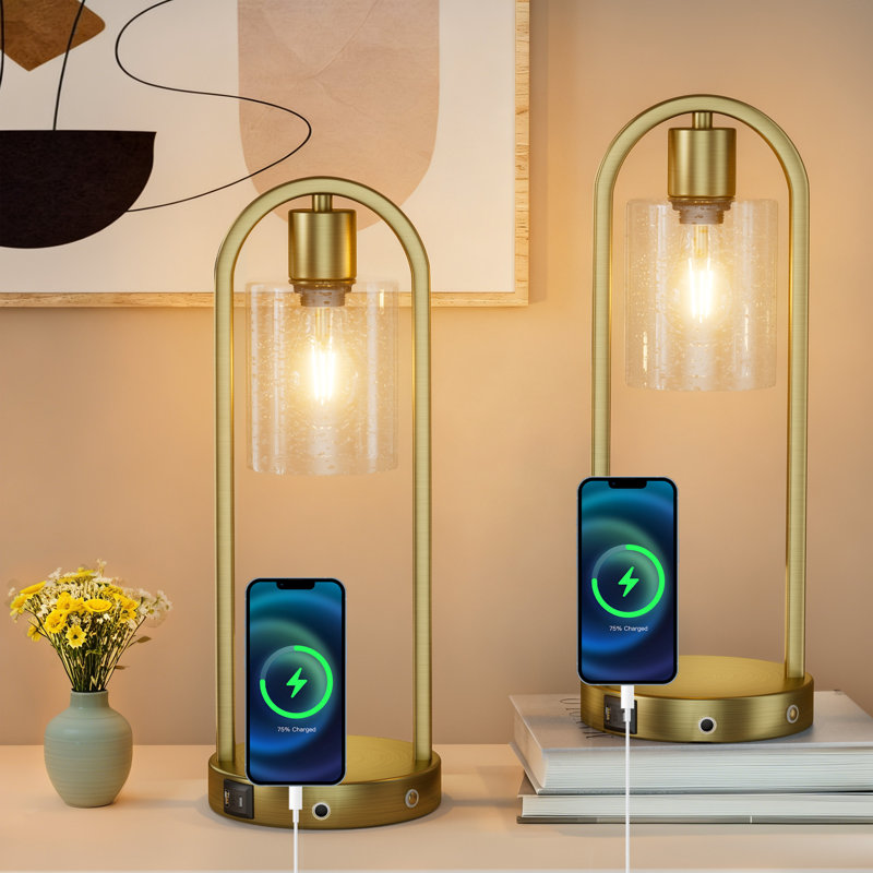 16" Small Metal & Glass Table Lamp (touch Control) - Mcm Modern Funky Accent Table Lamps For Bedroom Nightstand/desk, Living Room & Nursery