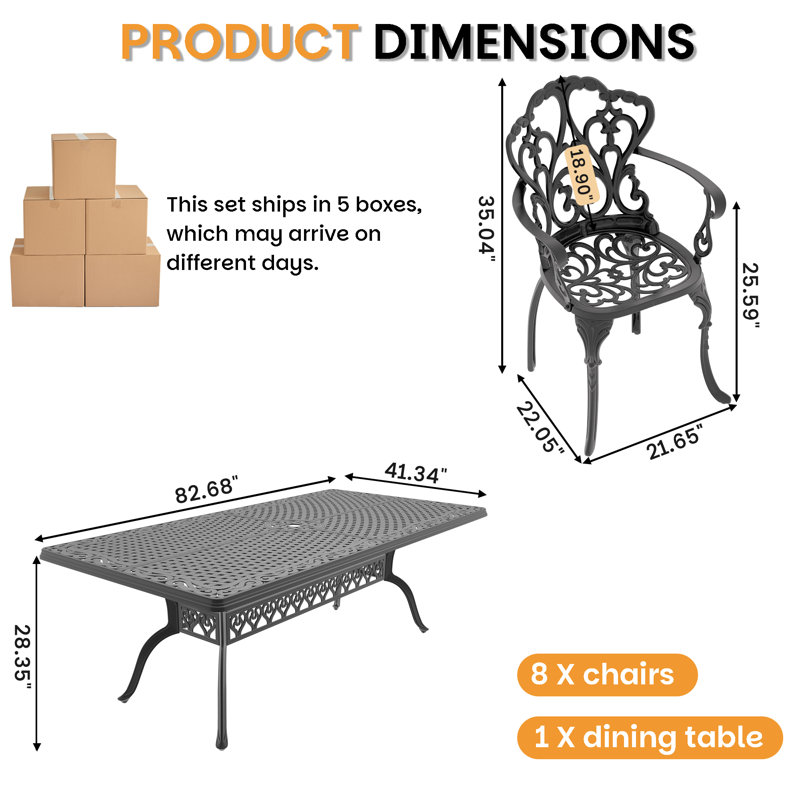  Tameia 8 - Person Patio Dining Set with , Off-White Cushions Included, 8, 22.05'' D x 21.65'' W x 35.83'' H