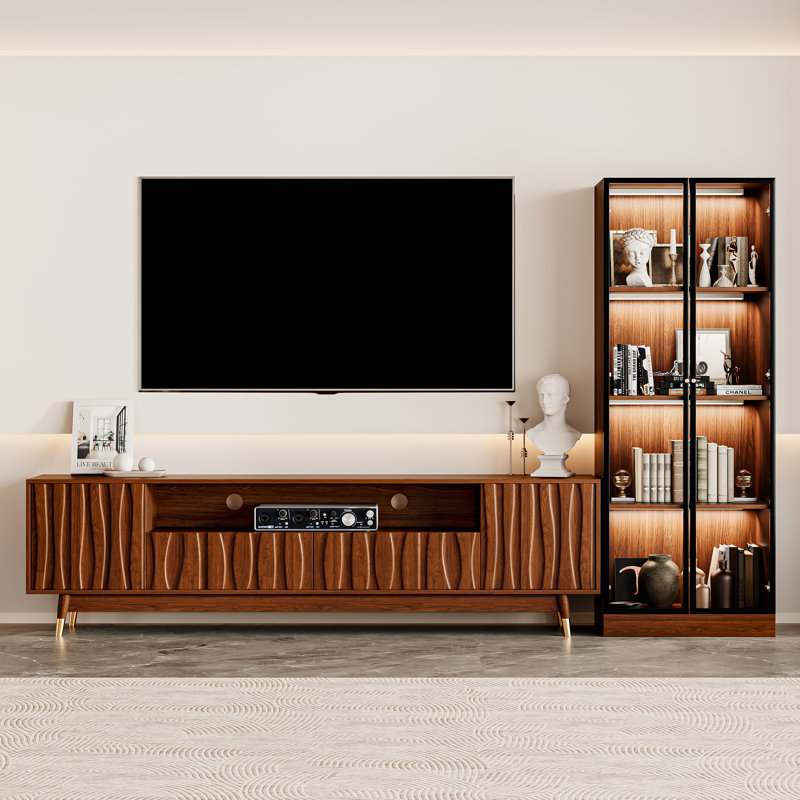 102'' Brown Walnut Finish Entertainment Center With Bookshelves For 55/65/70/75 inch TV, Mid Century Modern Wood Media Console With 78.7" Fluted Splayed Leg TV Stand And 4-Tier Lights Glass Display Hutch With Storage For Living Room Bedroom