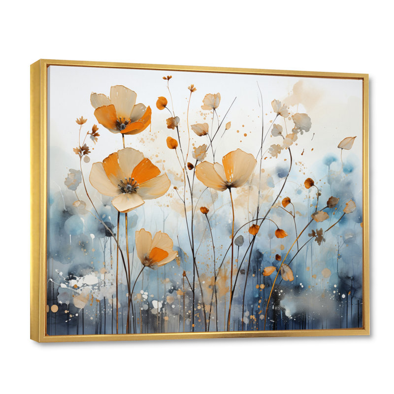 Art sur toile, "Orange Mute Botanicals II", H 16 po x l 32 po x P 1 po, Cadre flottant doré