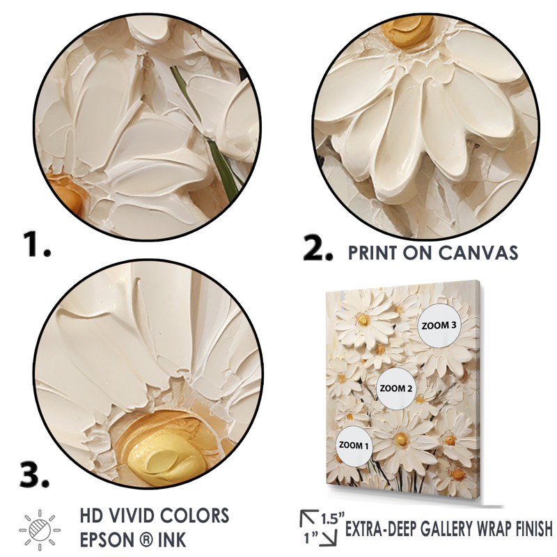 «White Daisy Fields Elegance III», reproduction sur toile, H 40 po x l 30 po x P 1,5 po, Cadre flottant blanc