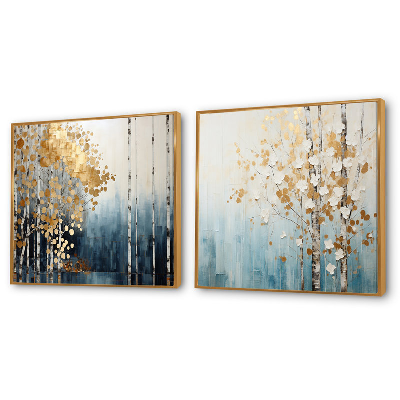 Minimalisme - Forêt bleue et dorée - ensemble de 2 carrés de forêt, Cadre flottant doré, H 36 po x l 73 po