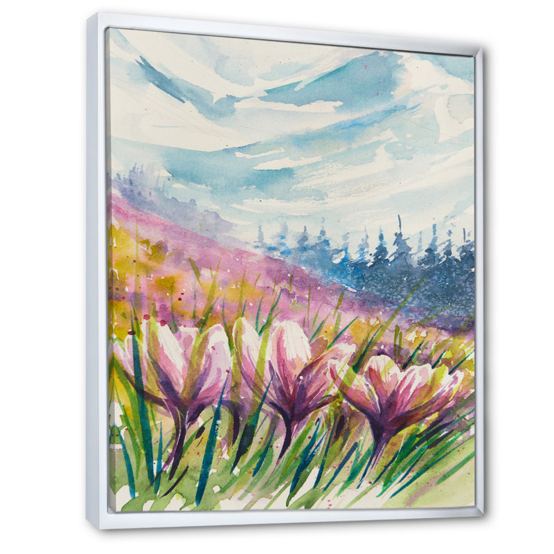 «Crocuses Meadow In Abstract Mountains», art mural traditionnel sur toile, 20" H x 12" W x 1" D, Toile à cadre flottant blanc