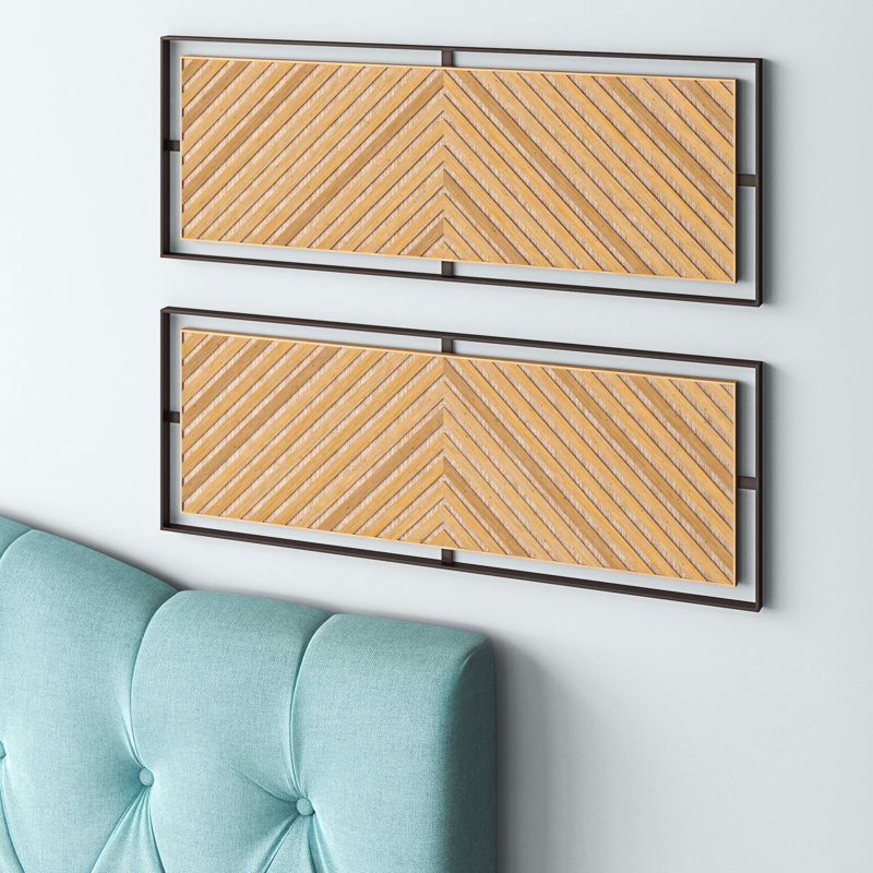 Wooden Handmade Linear Carved Geometric Brown Wall Decor with Black Frame Set