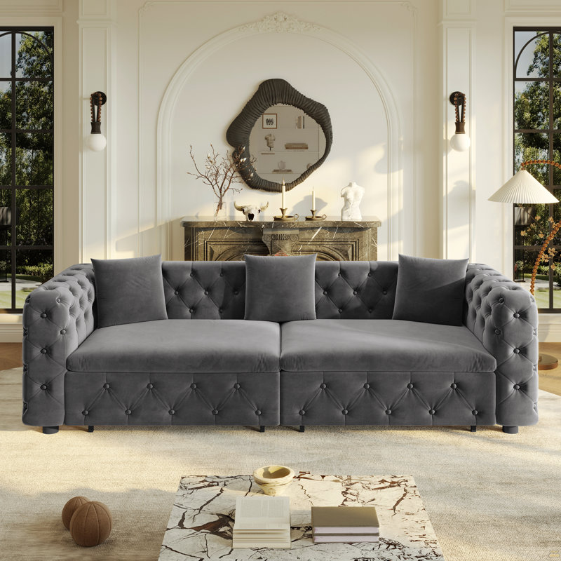 Très grand canapé-lit multifonctionnel de 89 po, canapé-lit coulissant 3 en 1, canapé classique en velours 4 places avec design capitonné, comprend 3 coussins décoratifs, convenant aux appartements et aux salons, gris