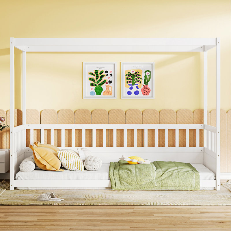 Twin Size Canopy Bed Frame With Guardrails For Kids,Floor Bed Twin With Four Poster Design,Kids Montessori Floor Bed,Wood Canopy Bed Frame For Girls,Boys(Twin,White)