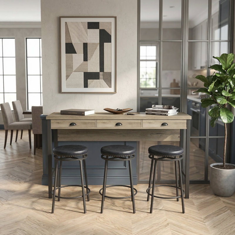 Ensemble de table de salle à manger longue avec 3 tiroirs et prises de courant, table de cuisine de bar avec tabourets circulaires en polyuréthane, table grise grise avec tabourets noirs