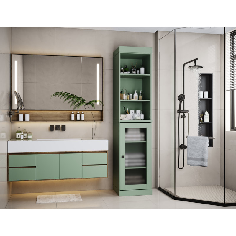 Armoire de rangement 100% bois massif 16,5 po avec portes en verre givré et tablettes réglables, Sauge