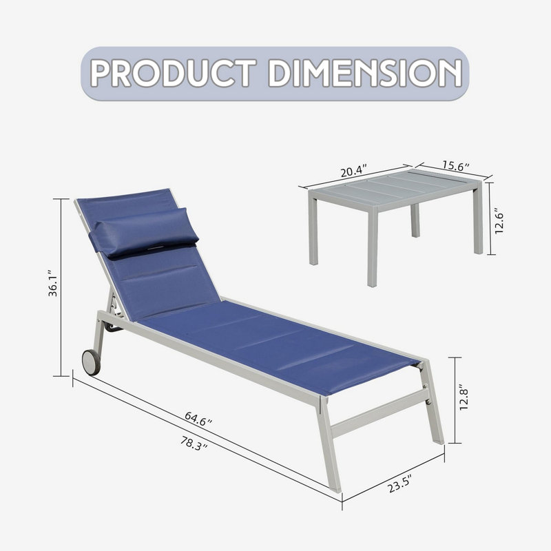 Outdoor Patio Chaise Lounge Set Of 3, Aluminum Pool Lounge Chairs With Side Table And Wheels, Textilene Padded Adjustable Recliner All Weather For Poolside, Beach, Yard, Balcony
