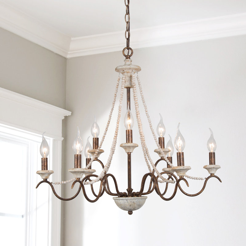 Lustre classique à 9 lumières de style bougie avec détails en bois Aurora , H 84 po x l 27 po x P 27 po