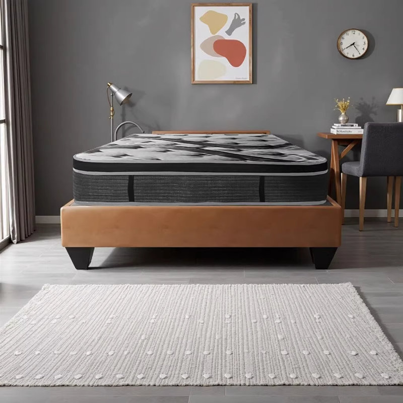Premium 14 Inch Full Size Memory Foam Mattress in a Box, Plush Euro Top Hybrid Pocket Coil Mattress with Black Knitted Cover, Gray