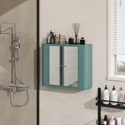 Armoire de salle de bain murale armée verte avec miroir, 2 portes en miroir, tablette ouverte et cadre en métal pour un rangement efficace