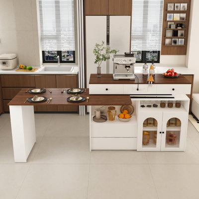 Kitchen Island with Extendable & Rotating Table, MDF with Walnut Veneer Retro Design, 4 Drawers & Glass Door Cabinets with Built-in Socket, Expandable Dining Station for 2-4 Person