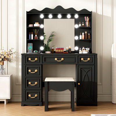 Coiffeuse de maquillage avec miroir d'éclairage 3 couleurs, prises, tabouret, tiroirs de rangement et armoire