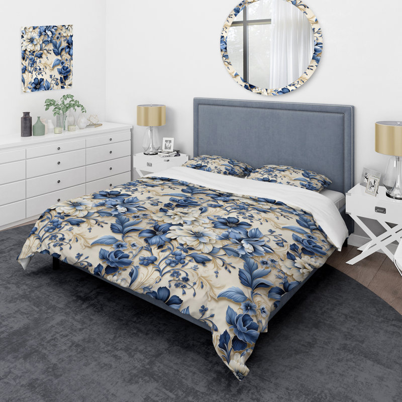 Victorian Blue And White Flowers Damask I - Ensemble de housse de couette en damas