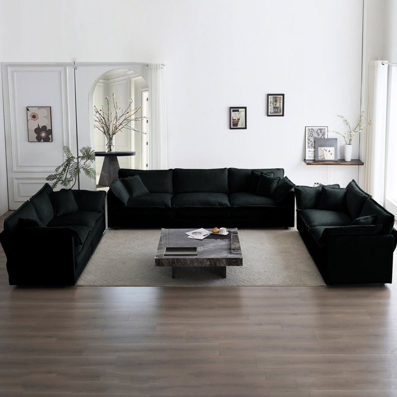 Canapé confortable 3 pièces: style maison. Canapés 2 places X &. Chenille noire. Cadre en bois. Haut tissu. Rembourrage en éponge de qualité. Sièges confortables. Ensemble de chenille facile à assembler: canapé surdimensionné