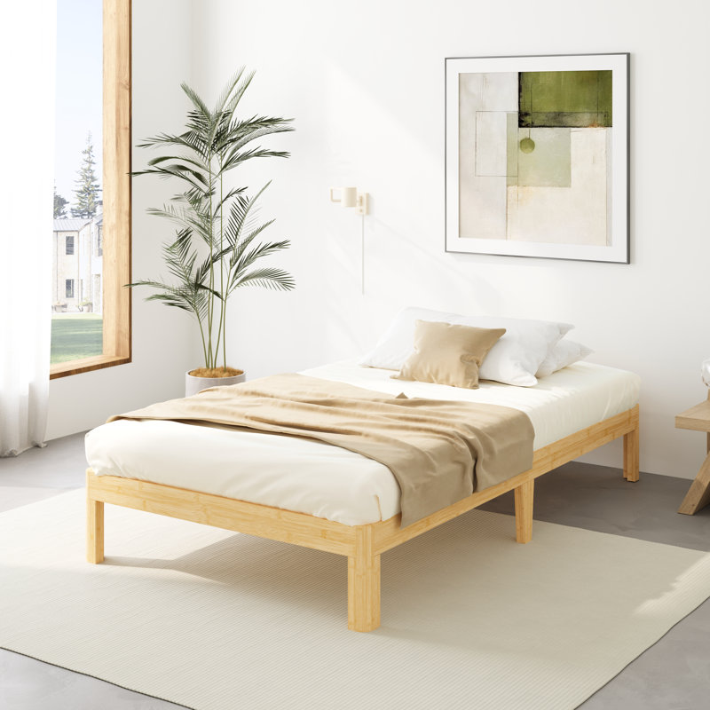 Cadre de lit plateforme simple très grand 14 po Amylia, structure silencieuse silencieuse, vernis écologique sans formaldéhyde, bois massif et fer en bambou, aucun sommier requis pour la chambre à coucher