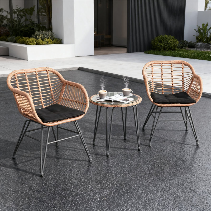 Light Luxury Rattan Metal Frame Outdoor Table And Chair 3-Piece Set, Terrace Garden Leisure Furniture