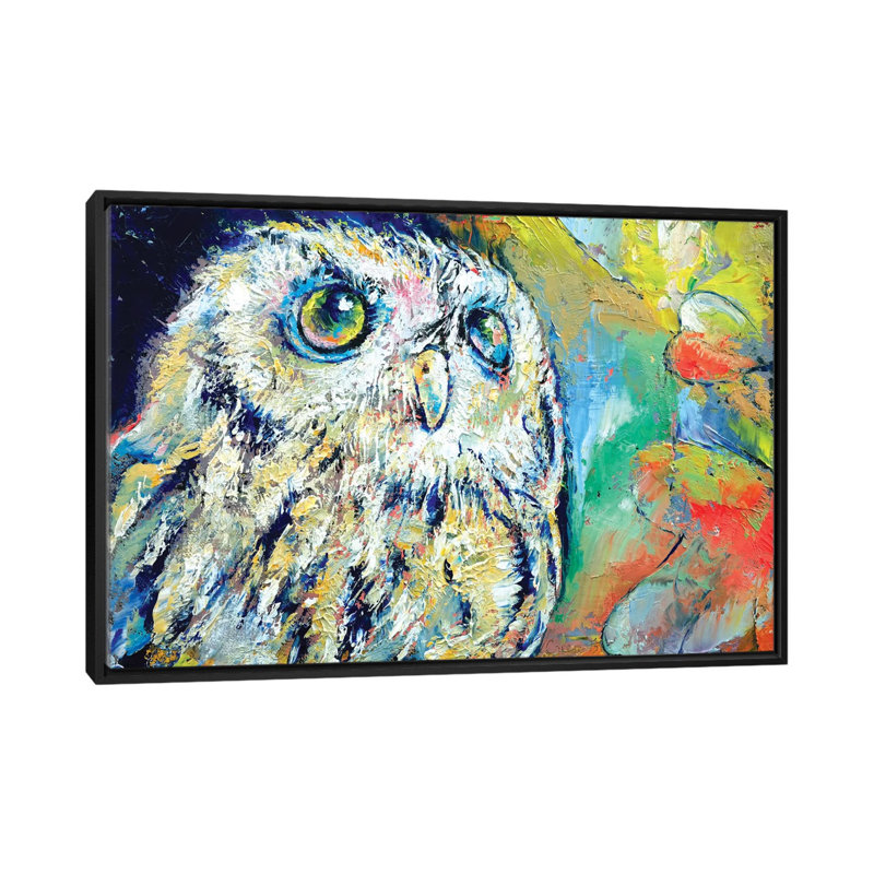 « hibou », reproduction d’art sur toile, H 18 po x l 26 po x P 1,5 po, Toile avec cadre noir, Pas de tapis