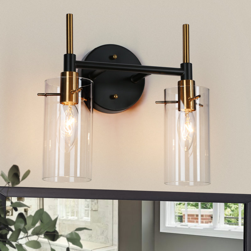 2-Light Dimmable Transparent Glass Modern Vanity Light, Matte Black/Gold, 2 Light