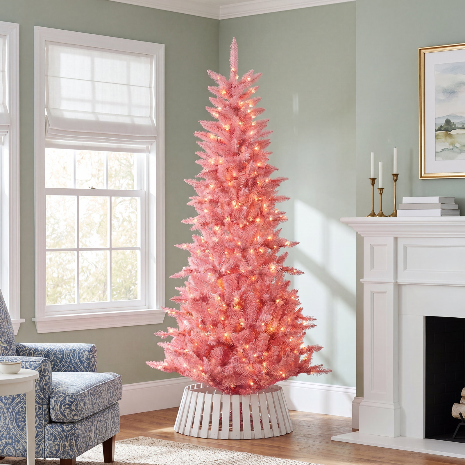 Levion Pink Pre-Lit Pine Christmas Tree, 90" H x 44" W x 44" D