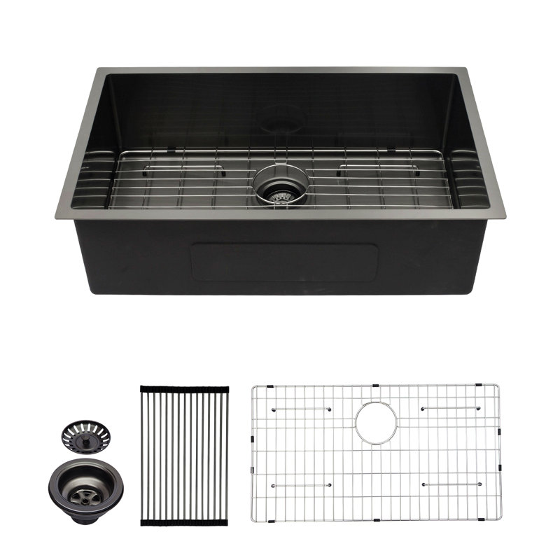 Évier de cuisine noir 33 po - 33 po x 19 po x 10 po à cuve simple en acier inoxydable de calibre 16 avec profondeur de 10 po