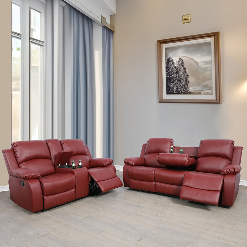 Vesada 2-Piece Faux Leather Reclining Living Room Set With Built-In Coffee Table And Console, Red