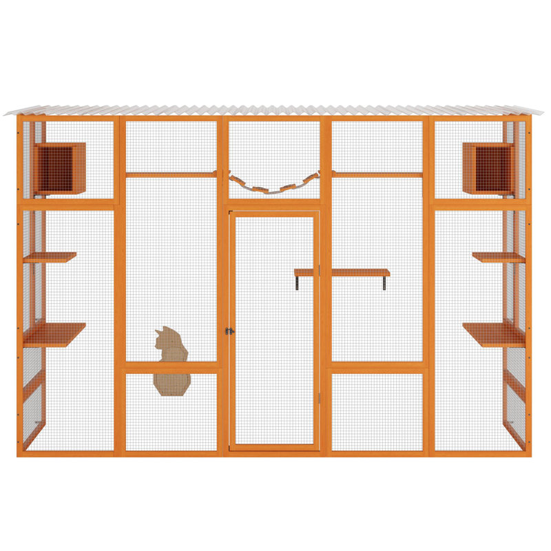 Large Orange Pine Outdoor Cat House with Platforms and Condos