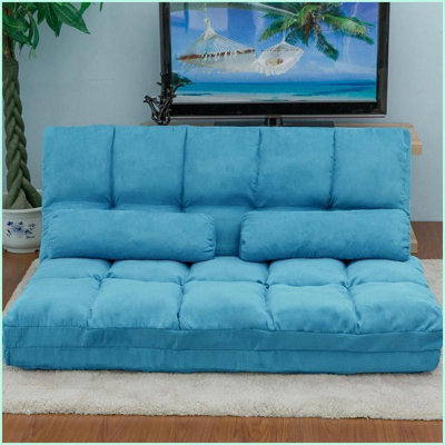 Modern Adjustable Double Chaise Lounge Sofa with Two Pillows – 76.8” Lay Flat Slub-Polyester for Living Room Bedroom Dorm | Blue | Armless | Slub-Polyester