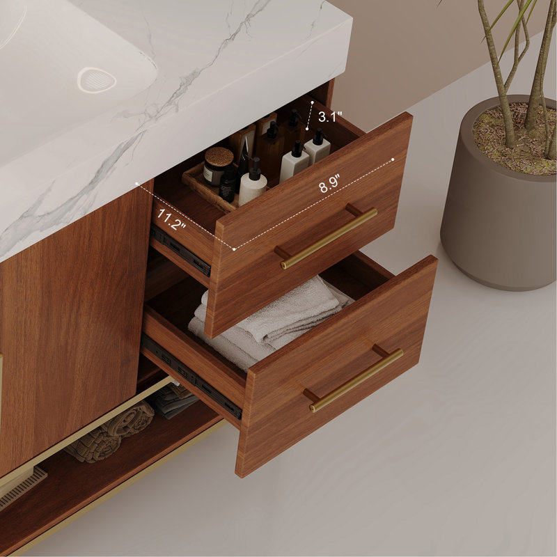 Meuble-lavabo moderne 36 po avec lavabo en céramique sans couture et armoire autoportante dorée, Blanc