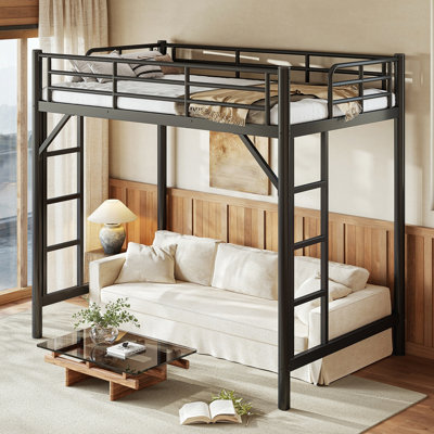 Metal Loft Bed, Loft Bed with Easy Climbing Ladder and Guardrails