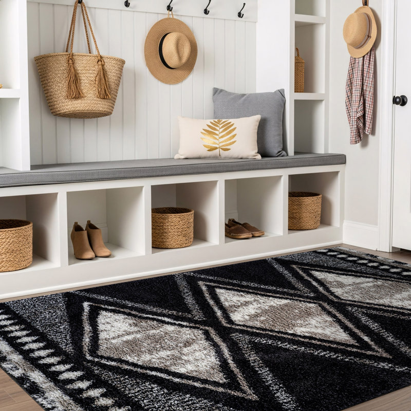 Geometric Grid Pattern Shag Rug – Anthracite Dark Gray – Medium Pile, Soft & Durable, Rectangle 4' x 6'