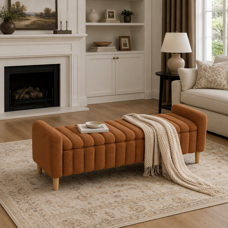 Banc de lit moderne capitonné de 161 cm de large, avec couvercle rabattable capitonné à vagues, accoudoirs et pieds en bois massif, idéal pour plusieurs pièces, couleur caramel.