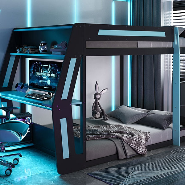 Lit superposé double pleine grandeur avec bureau RVB surdimensionné monté sur le côté, ports de charge USB et œillet à câble, bande lumineuse à DEL, structure de loft Esports robuste