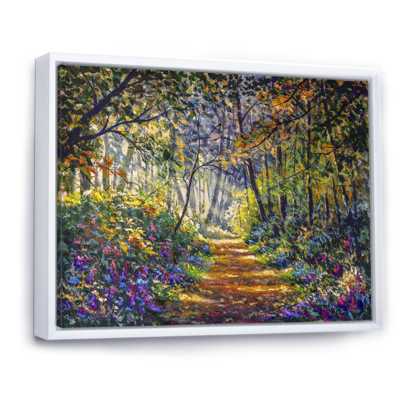 «Green Yellow Summer In Forest», reproduction sur toile flottante, H 16 po x l 32 po x P 1 po, Cadre flottant blanc