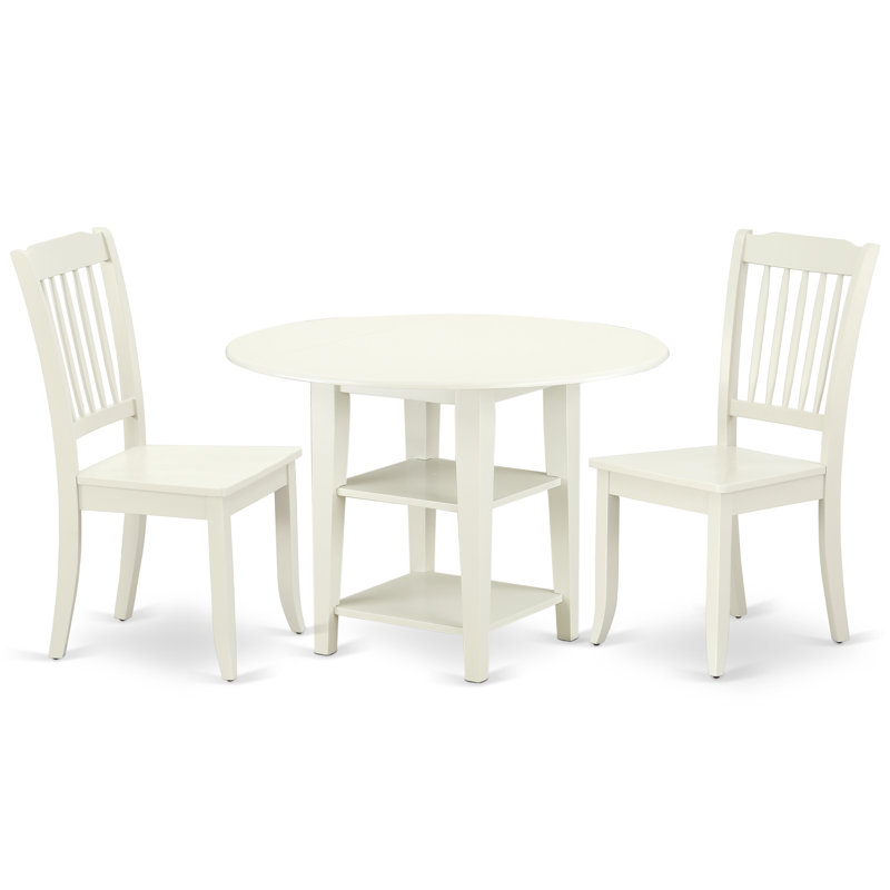 3 Piece Dining Room Table Set Contains a Round Dining Table with Dropleaf & Shelves and 2 Wood Seat Chairs, Linen White