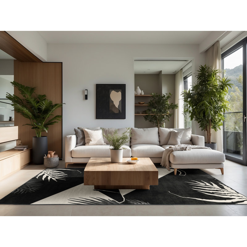 Tapis moelleux moelleux à motif géométrique rustique moderne noir, 5 x 8