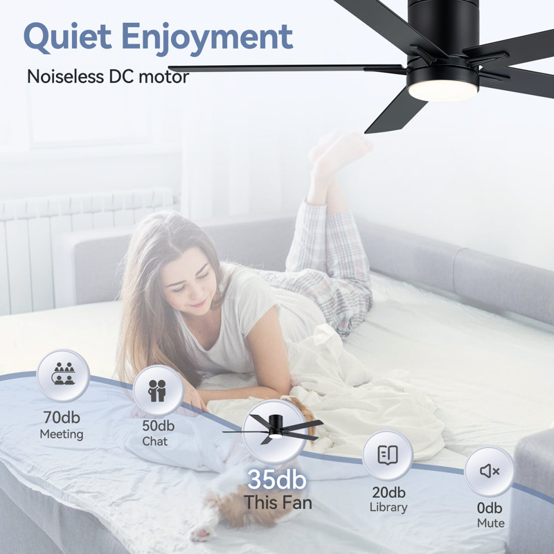Jayceyon 52'' Large Flush Mount Ceiling Fan With Led Lights and Remote, Quiet Reversible DC Motor, 5 wood Blades Low Profile, Timer, for Indoor/Covered Outdoor Use