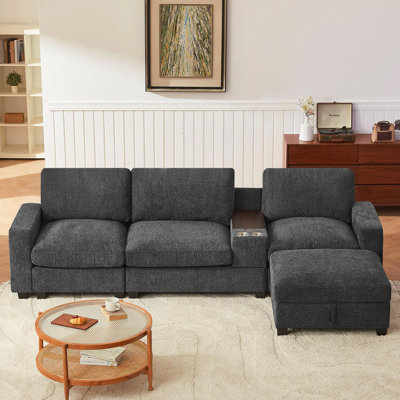 Bernard 118.1” Modern Upholstered L-Shaped Sectional with Storage Ottoman, Side Table with USB/Wireless Charging, Cup Holders, for Living Room & Home Office