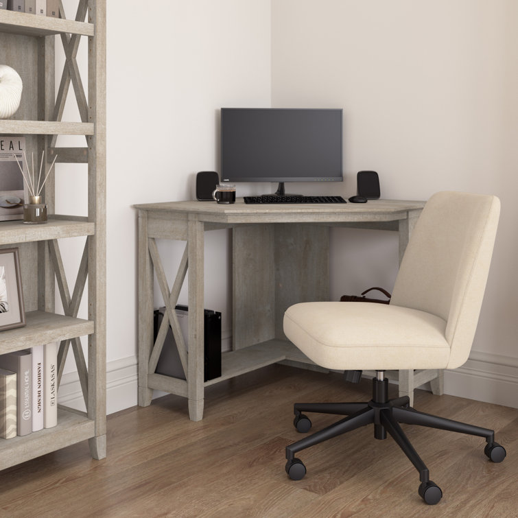 Egils 34W X 34D Small Corner Desk And Chair Set In Washed Grey, Farmhouse Workspace Solution For Home Office
