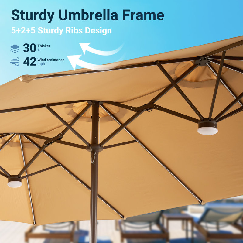 Parasol de marché rectangulaire de 14,5 pi x 8,5 pi avec lumières changeantes de couleurs, application et éclairage télécommandé, base et table basse incluses