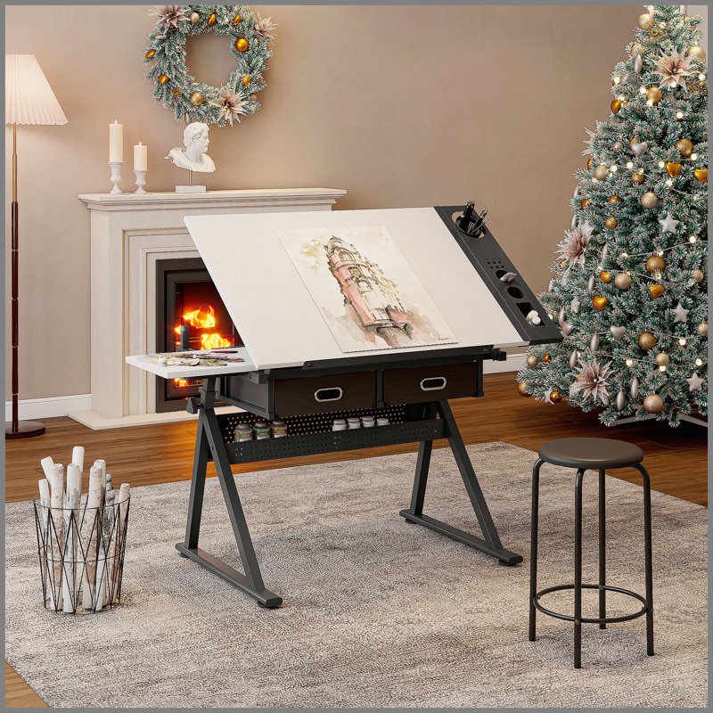 Adjustable Drawing Drafting Table with 2 Drawers and Stool, Perfect for Home Office and School Use in White, White/Black