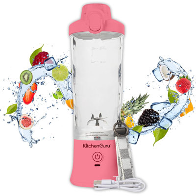 Kitchen Guru Elite Rechargeable Travel Blender: 240W Personal Smoothie Maker with 6-Leaf Blade, 600ml Capacity, and Innovative Pop-Up Design for Easy Portability - For Home or On the Go (Pink)