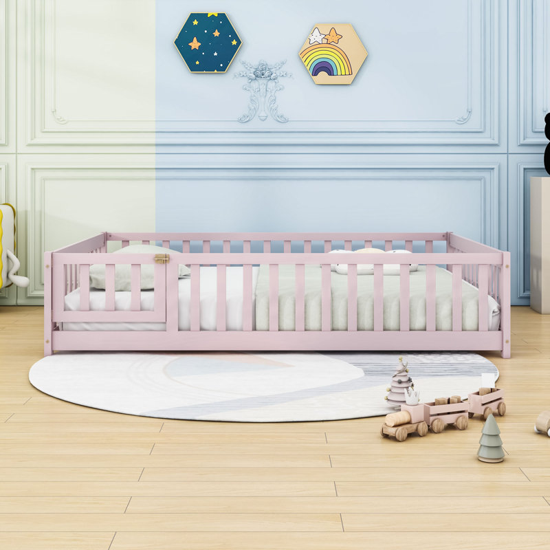 Lit en bois avec clôture et porte, Complète, Rose