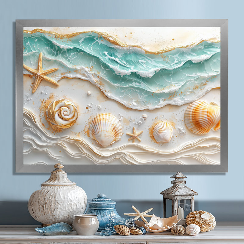 Coquillage et plage marbrée, paysage I - art mural côtier, Argent argent, H 30 po x l 40 po, Cadre flottant