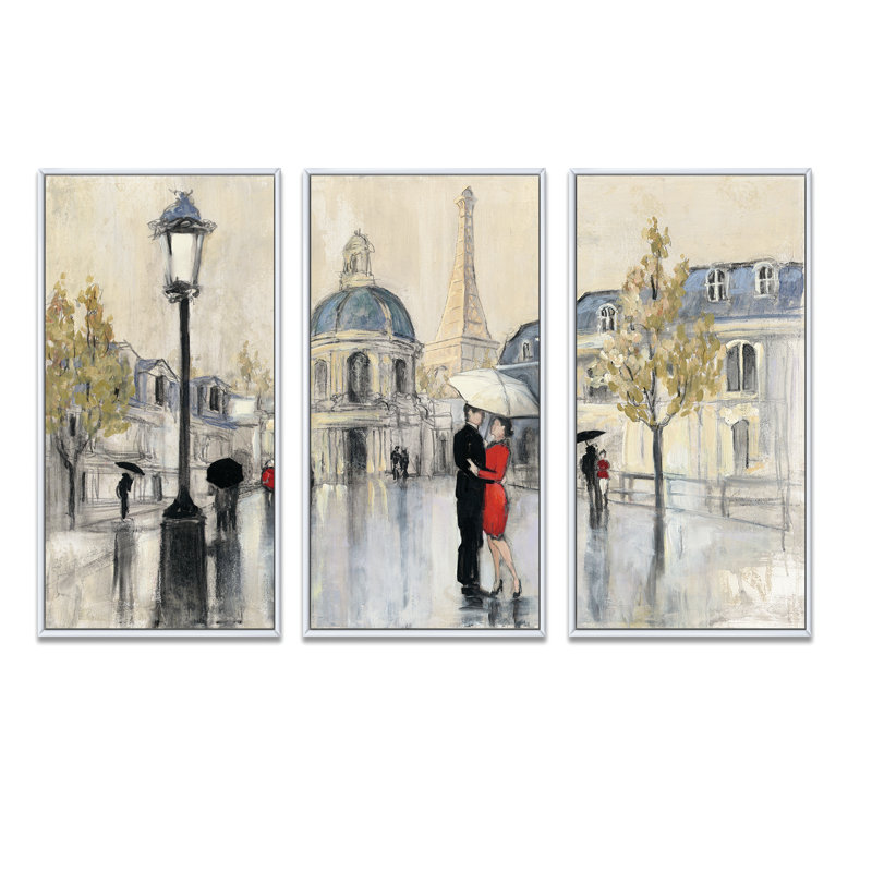 «Love In Paris I», ensemble de 3 toiles d'art encadrées traditionnelles, H 28 po x l 36 po, Cadre blanc