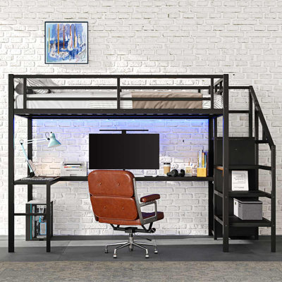 Lit mezzanine double avec bureau en L et port USB, lit mezzanine haut avec DEL pour enfants adolescents