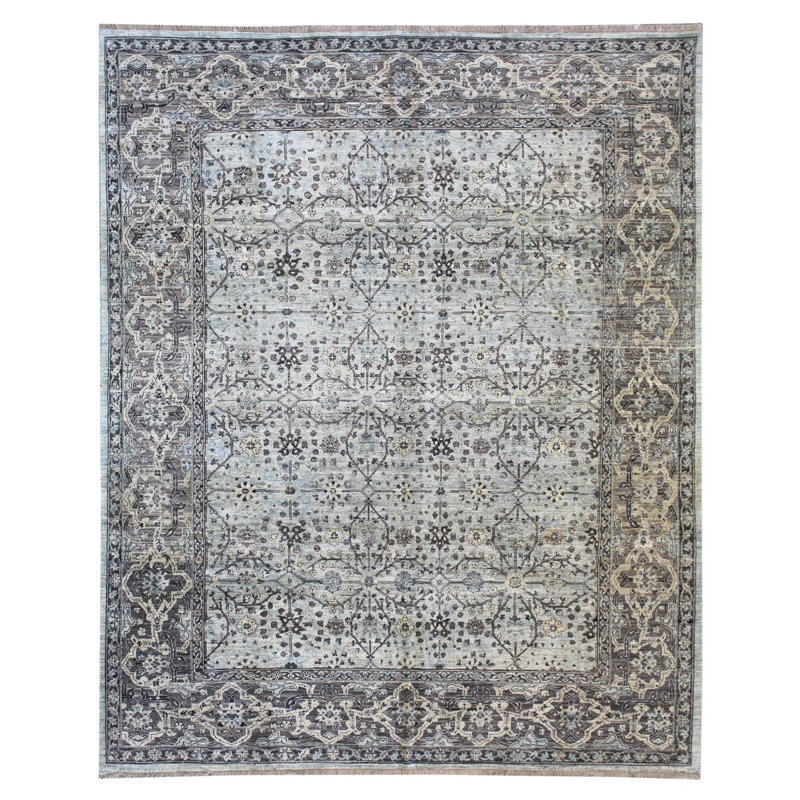 Tapis vert en laine noué à la main de conception unique 8 pi 1 po x 9 pi 11 po Tabriz